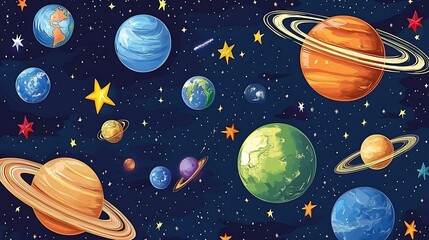 Colorful Planets Stars And Space Scene Depicted
