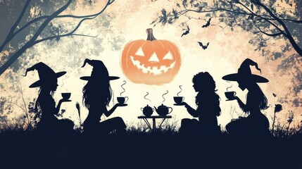 Surprised Halloween Friends Toasting with Tea in Festive Celebration