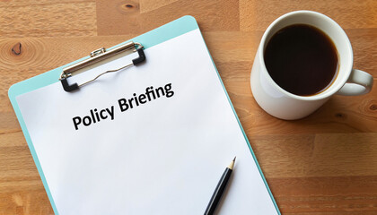 Clipboard with blank policy briefing and coffee cup
