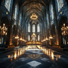 Majestic dark stone cathedral illuminated by flickering candlelight enchanting interior gothic architecture medieval art atmospheric perspective