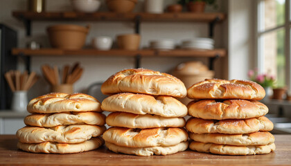 Stack of fresh baked bread on wooden table