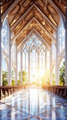 Sacred music performance in a serene chapel tranquil atmosphere distance shot peaceful environment