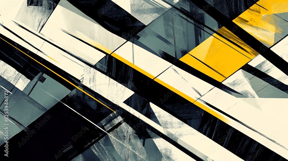 Poster layered geometric abstraction with overlapping shapes and bold yellow accents in an artistic style