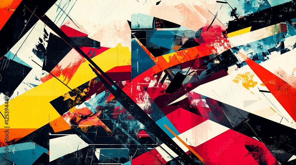 Poster a vibrant geometric abstraction with dynamic layered and overlapping shapes and bold brush strokes