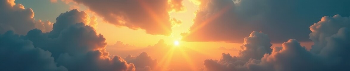 Dramatic cloudscape, sun rays pierce through, divine light, landscape, photography, celestial