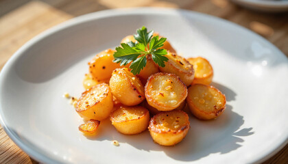 Golden roasted potatoes garnished with parsley on a white plate
