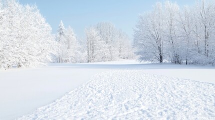 Obraz premium Snow-covered path through winter forest; sunny day