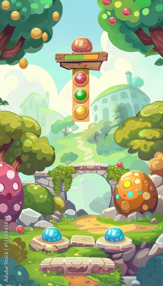 Poster colorful cartoon progress bar in mobile game interface for level completion animation