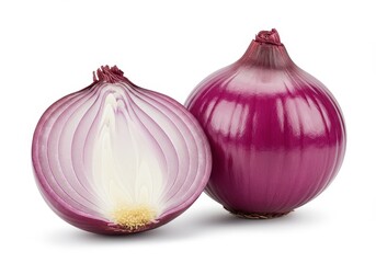 A whole purple onion and one half cut to reveal its inner white layers isolated on white background