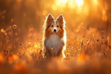 Obraz premium Shetland Sheepdog Posing in a Colorful Meadow During Autumn Sunshine