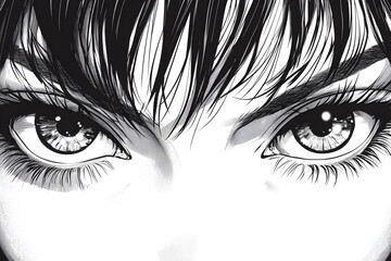 Obraz premium Captivating Black and White Anime Portrait: Intense Gaze, Detailed Features, Dramatic Shading, and Striking Contrast in Artistic Illustration and Character Design