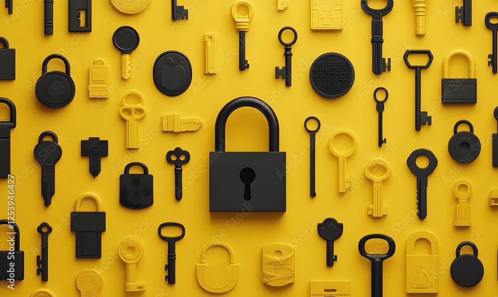 Poster an assortment of keys and locks displayed on a vibrant yellow surface creating a visually appealing 