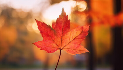 single red maple leaf in warm fall colours in opposition to a blurred autumn history maple leaf pink fall seasonal heat colorations
