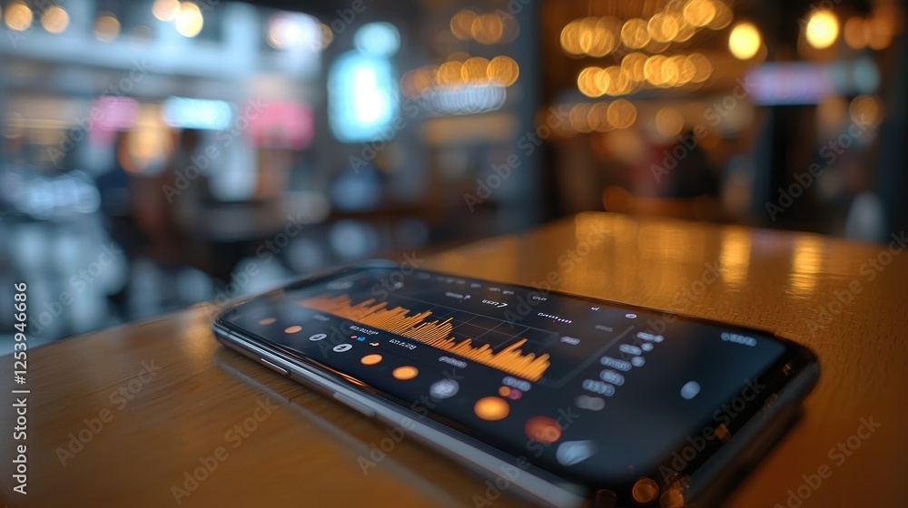 Poster smartphone displaying stock market data on cafe table