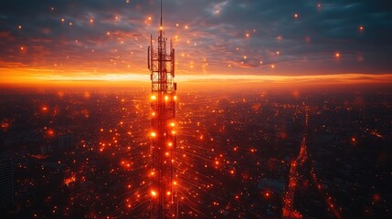 Fototapeta premium A vibrant sunset over a cityscape, highlighting a communication tower with glowing lights.