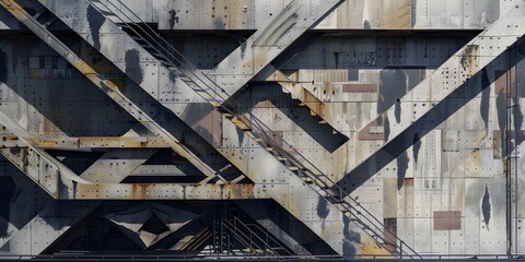Fototapeta premium Industrial Abstract: A captivating abstract image showcasing the intricate network of weathered steel structures, creating a visually striking interplay of textures, lines and shadows.
