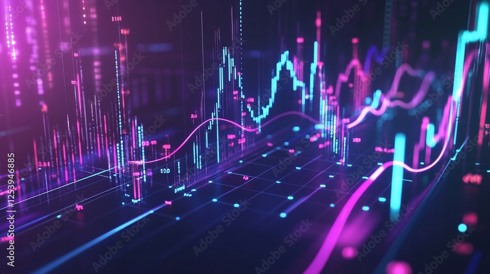 Poster a dynamic glowing flowchart with curved financial lines, showcasing data analysis and market trends