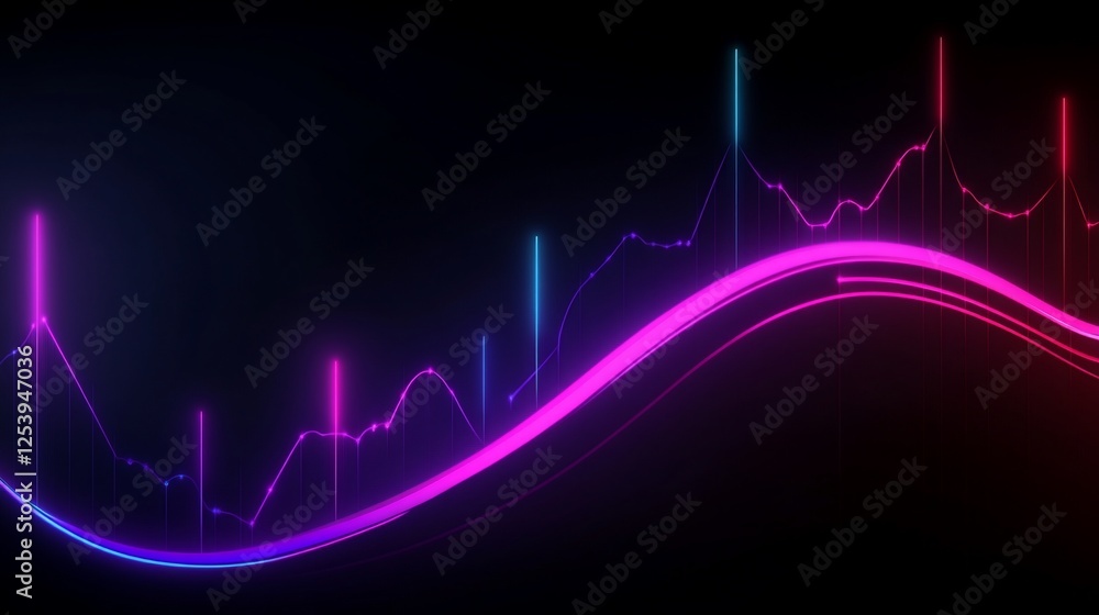 Poster a vibrant financial flowchart with neon curved lines showing data analysis and market trends