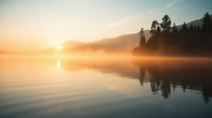 A serene lake reflects the golden sunrise, with mist hovering over the water and mountains in the background, creating a peaceful atmosphere.