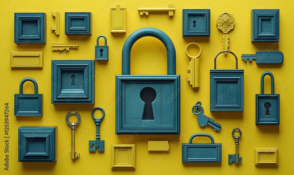 Poster a collection of keys and locks in blue and yellow on a solid yellow background