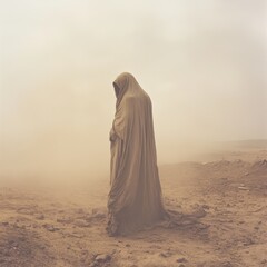 A lone figure draped in cloth stands in a desolate, dust-filled landscape, evoking a sense of mystery and solitude amidst nature’s unforgiving terrain.
