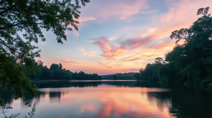 A peaceful lake reflects a vibrant sunset sky, surrounded by lush green trees. The calm water and soft clouds create a tranquil scene.