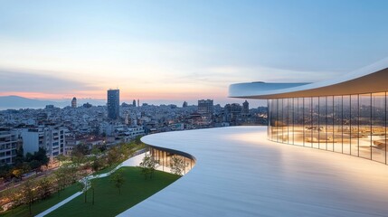 Obraz premium Modern architectural design featuring a sleek building overlooking a sprawling urban landscape at sunset, blending nature and city life in a harmonious scene