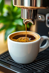 A cup of coffee being poured into a white cup