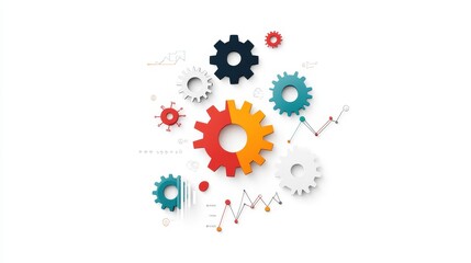Colorful Gears with Graphs and Data Points Representing Business Analysis, Strategy, and Mechanisms for Growth and Efficiency in Modern Work Processes