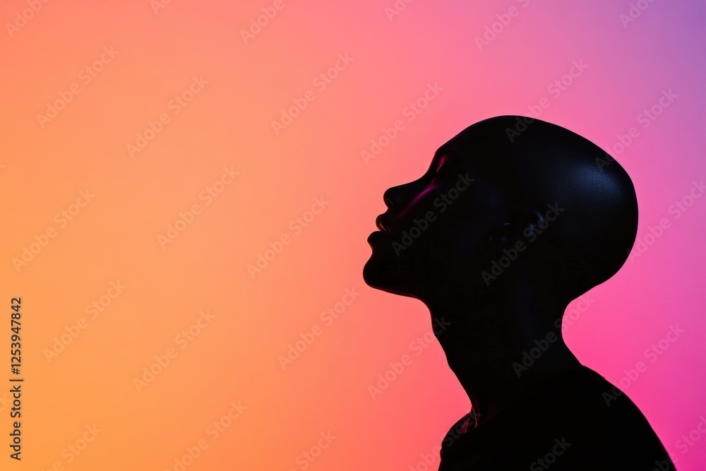 Leinwandbilder silhouette of a person with bald patches against a vibrant gradient background at sunset. generative
