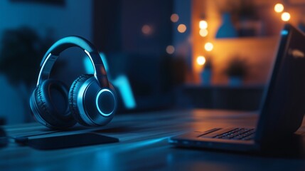 Laptop and Headphones Concept with Copy Space on Air