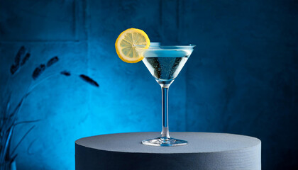martini cocktail with lemon twist on grey podium on blue heritage