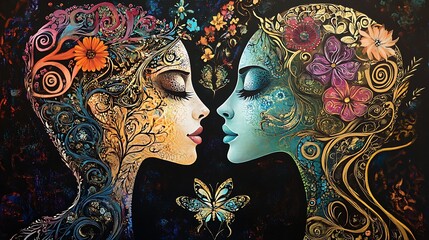 Naklejka premium Abstract women�s faces with nature and empowerment symbols