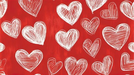 Red Background with White Scribbled Hearts Pattern: Romantic Valentine's Day Texture, Love Design, Hand Drawn Hearts Wallpaper