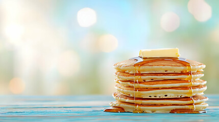 Delicious pancakes with butter and syrup on wooden table