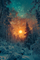 Naklejka premium A snowy landscape with trees and a full moon in the sky