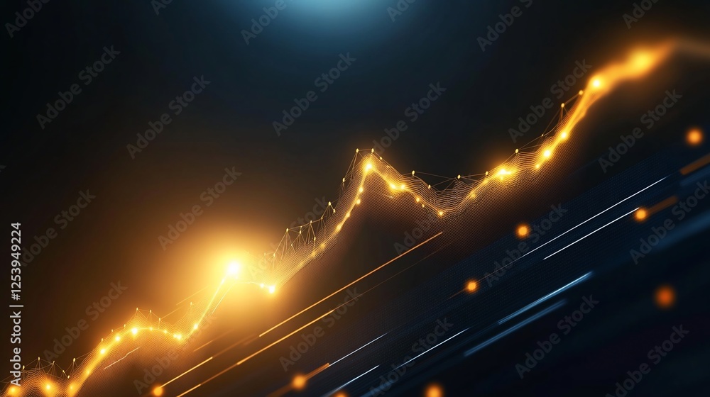 Poster a dynamic financial flowchart vector with glowing gold lines on a dark blue background