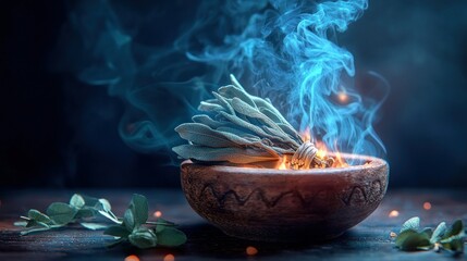 Smudging sage bundle in bowl, dark background, spiritual ritual