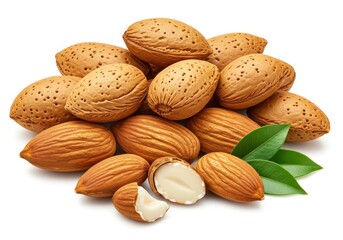 Whole almonds with rough brown shells with green leaves for garnish isolated on white background
