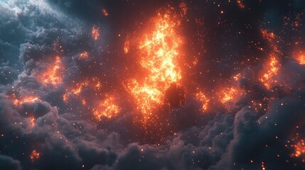 Fototapeta premium A dramatic scene of fiery light amidst dark, swirling clouds, evoking intensity and chaos.