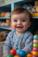 Obraz premium Baby enjoys colorful toys in a cozy playroom during the afternoon light