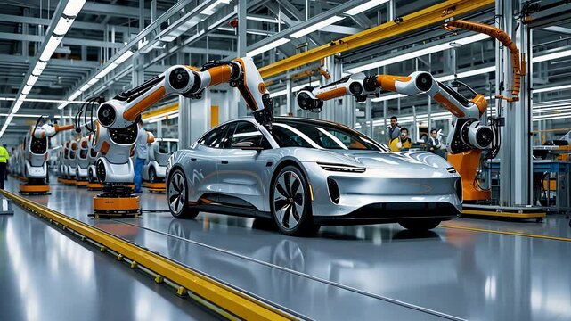 Automated Robotic Assembly Line Producing a Silver Electric Car in a Modern Industrial Manufacturing Facility

