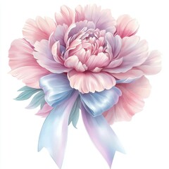 Delicate Pink Peony with Light Blue Ribbon, Floral Illustration