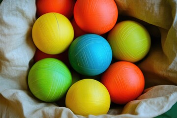 Vibrant Assortment of Juggling Balls Nestled in a Bag, Showcasing a Colorful Variation of Green and Bright Hues
