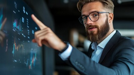 A young Caucasian man with a beard in a business suit, engaging with a digital screen displaying financial graphs and data insights.