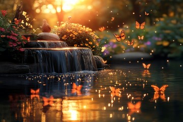 Beautiful garden with waterfall and butterflies at sunset creating a serene ambiance and enchanting atmosphere