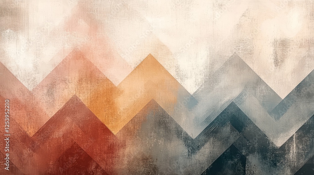 Poster painted canvas shows a series of overlapping chevron shapes