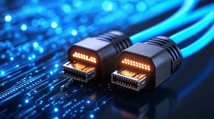Two HDMI cables connected, glowing with blue lights against a circuit board background, symbolizing high-speed data transfer and technology.