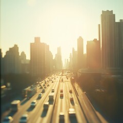 A bustling highway stretches through a sunlit city, cars speeding by as the skyline gradually emerges from the golden mist of morning.