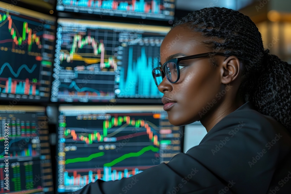 Poster observing stock market broker analyzing graphic data on computer screen in office side view
